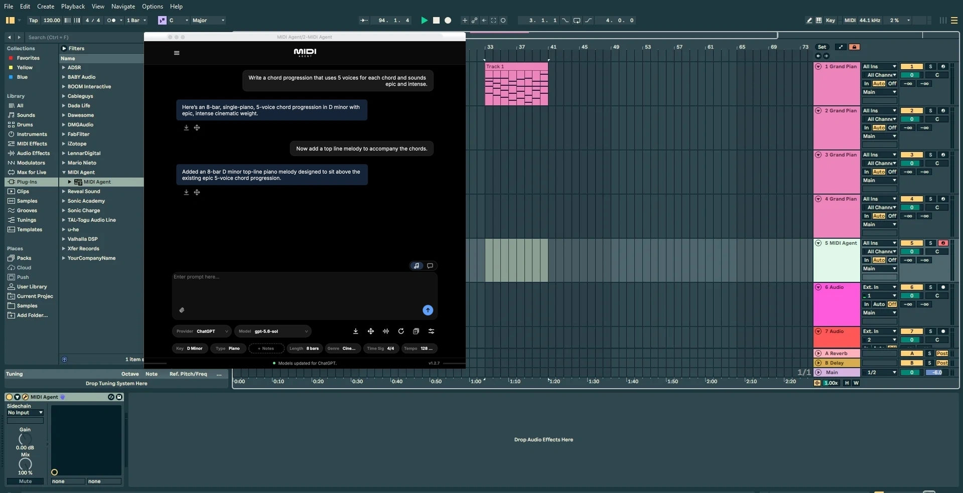 MIDI Agent running inside an Ableton Live music production session